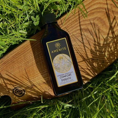 Vue de dessus d'un flacon plat en verre ambré de la synergie "Confort Digestif" Aménité, posé sur une planche en bois sculptée au milieu d'une herbe verte et dense.