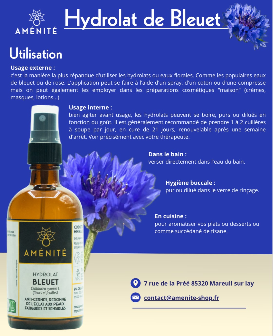 Fiche informative de la marque Aménité sur l'Hydrolat de Bleuet, détaillant ses différents modes d'utilisation (externe, interne, bain, hygiène buccale et cuisine). L'image montre un flacon de spray en verre ambré, une fleur de bleuet et les coordonnées de la boutique à Mareuil-sur-Lay.